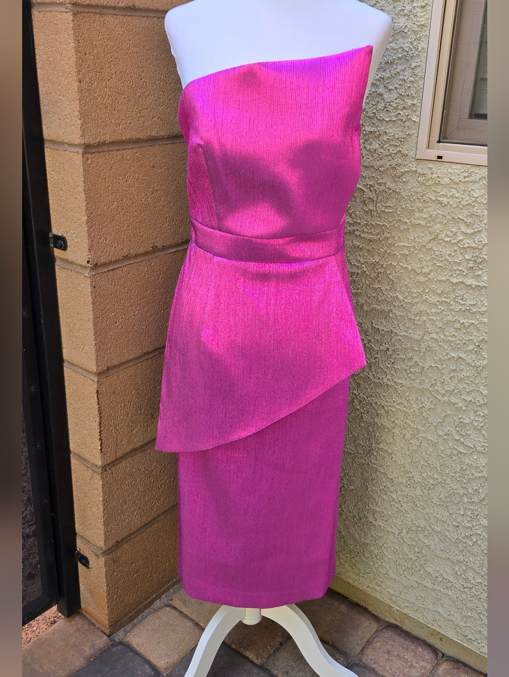 Black Halo Eve Strapless Fuchsia Sheath Dress with Asymmetric Peplum